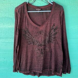 ROCK & REPUBLIC BURNOUT DARK MAROON RED & BLACK TINY BEADS PHOENIX LS SHIRT  XL